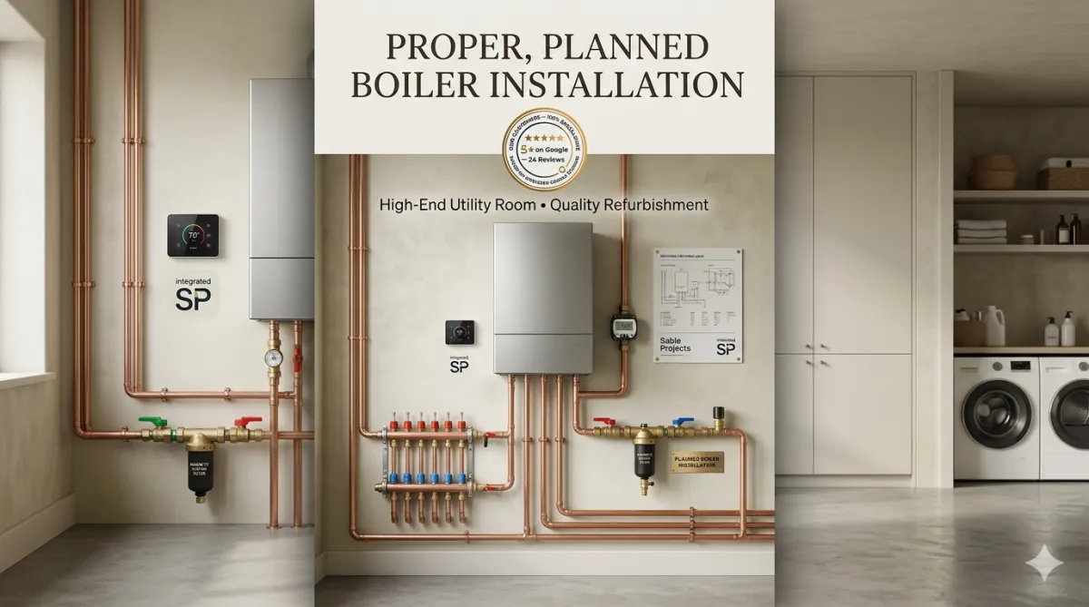 Modern wall-hung boiler with neatly installed copper pipework, valves and magnetic filter in a clean utility space