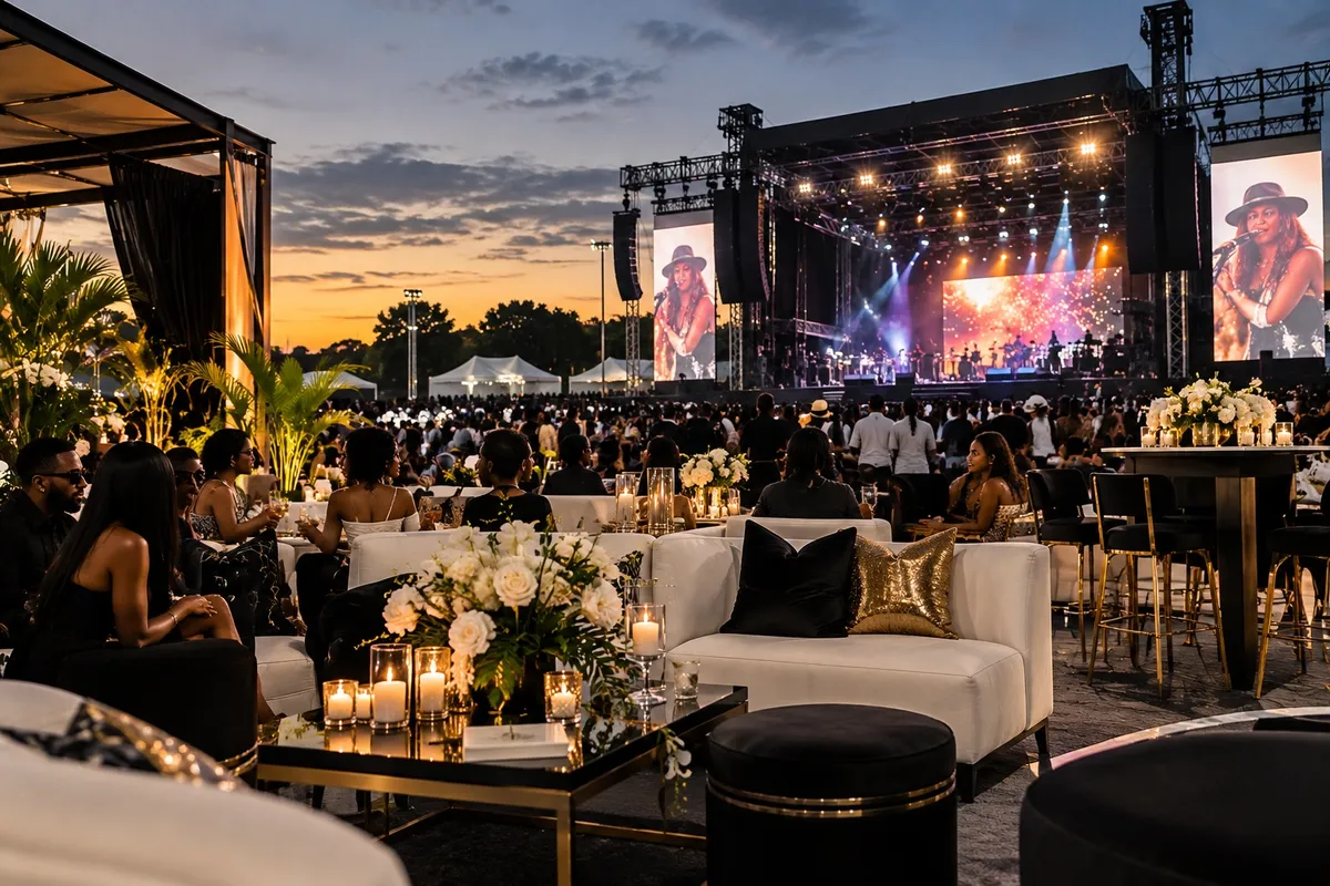 Outdoor concert event with VIP lounge seating and sunset stage