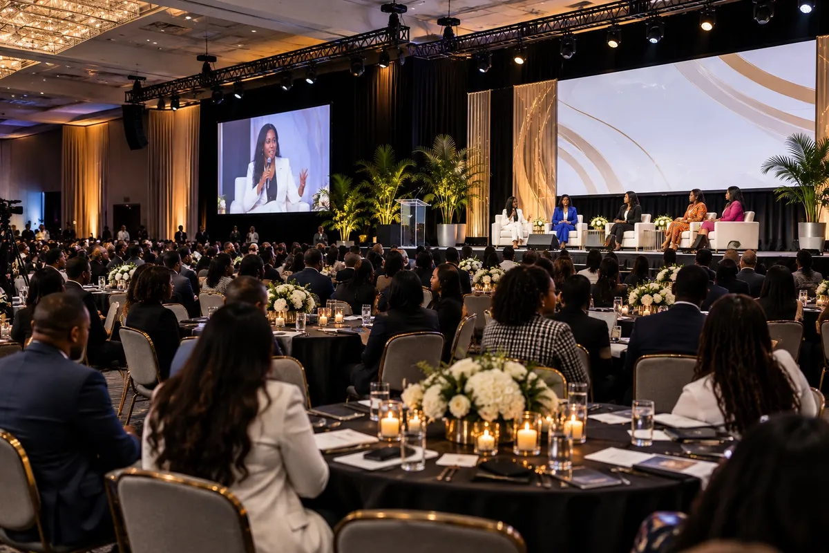 Corporate conference with speaker and audience