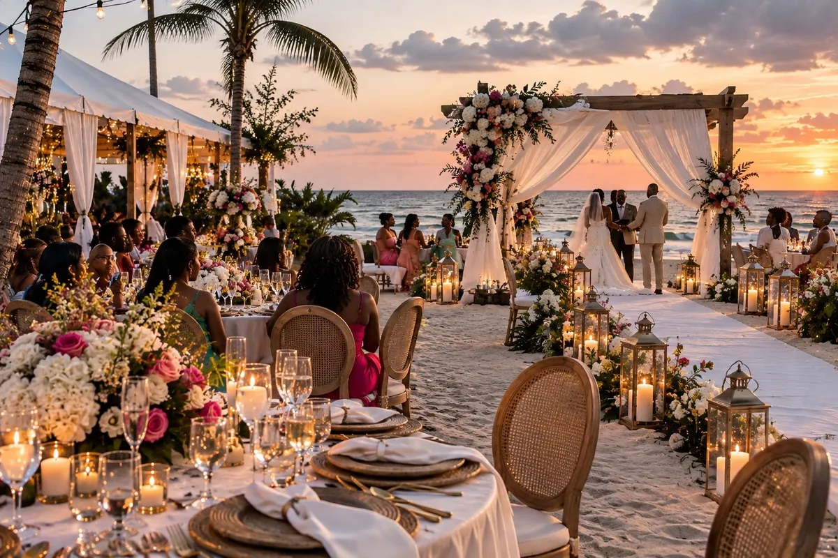 Beach wedding ceremony and reception at sunset