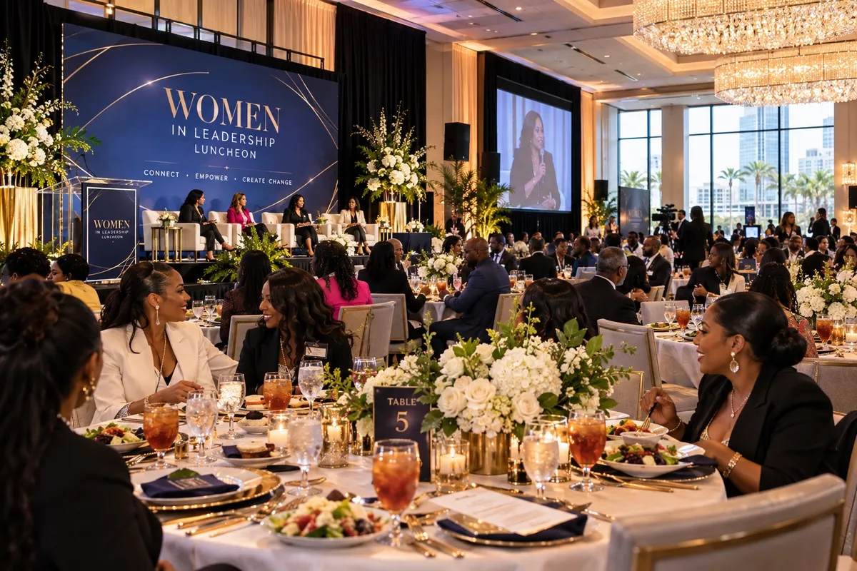 Women at a leadership luncheon with panel speakers and guests