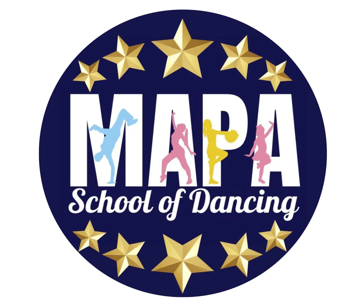 Brand Logo - MAPA School of Dancimg, Perivale and MIlton Keynes' logo featuring a street dance, a modern, a cheer leader and tapper characters - showing at MAPA dancing we do all styles of dancing 