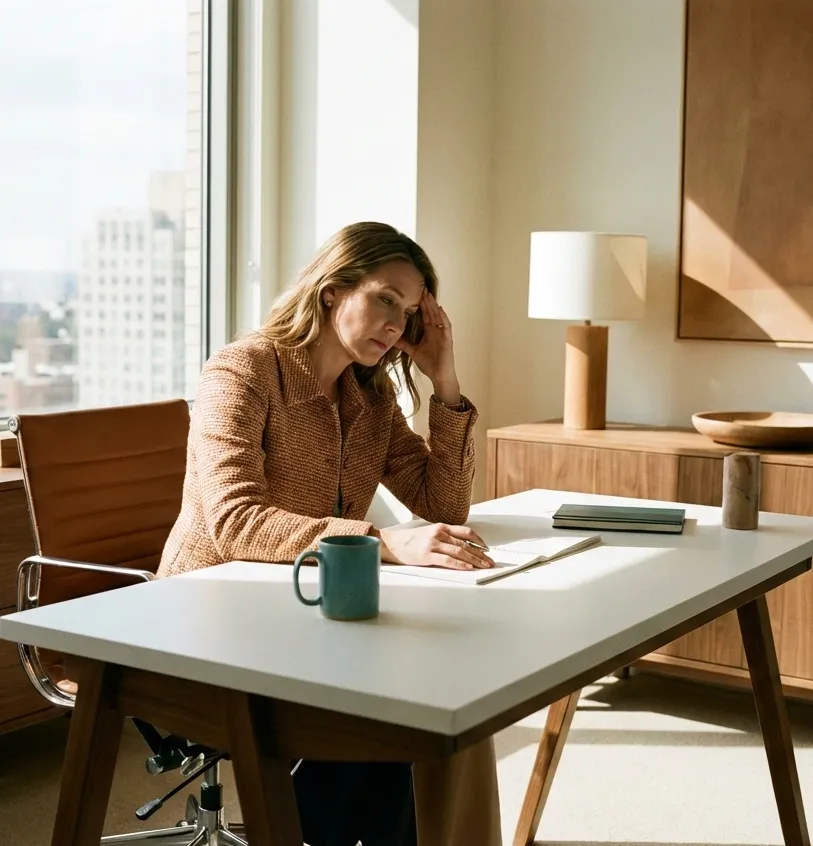 Professional executive at desk showing subtle signs of stress with hand on temple