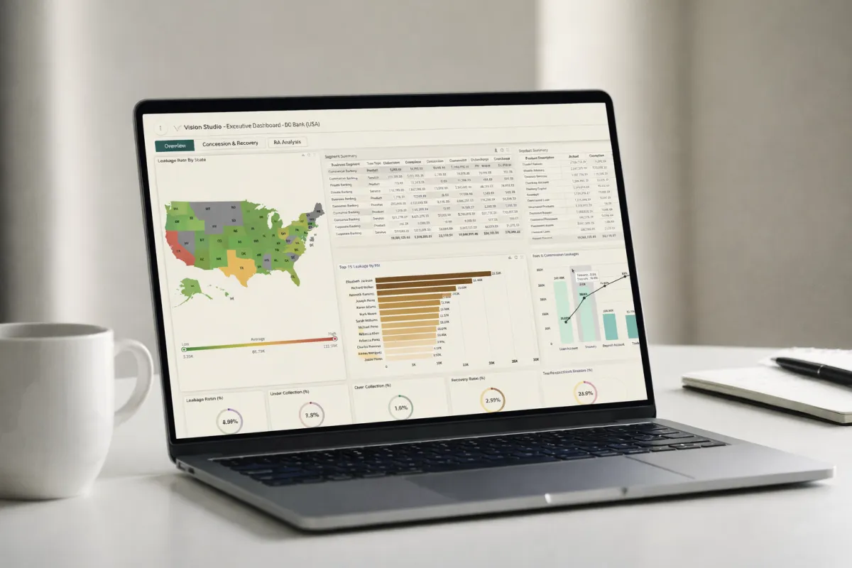 Image of Revenue Assurance dashboard on laptop, highlighting revenue leakage across branches in US banks