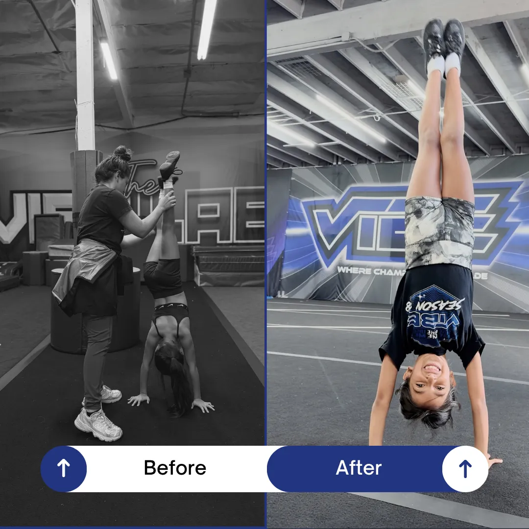 Vibe Lab tumbler before and after: spotted handstand vs. solo handstand