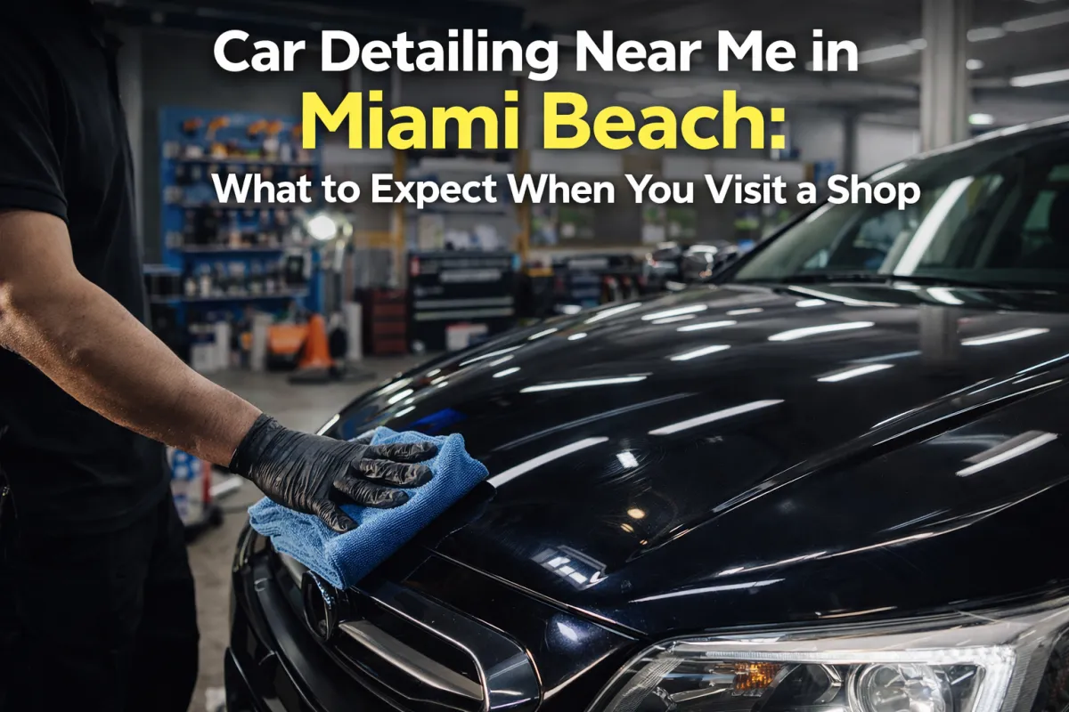 car detailing shop miami beach professional auto detailing technician cleaning black car inside detailing garage
