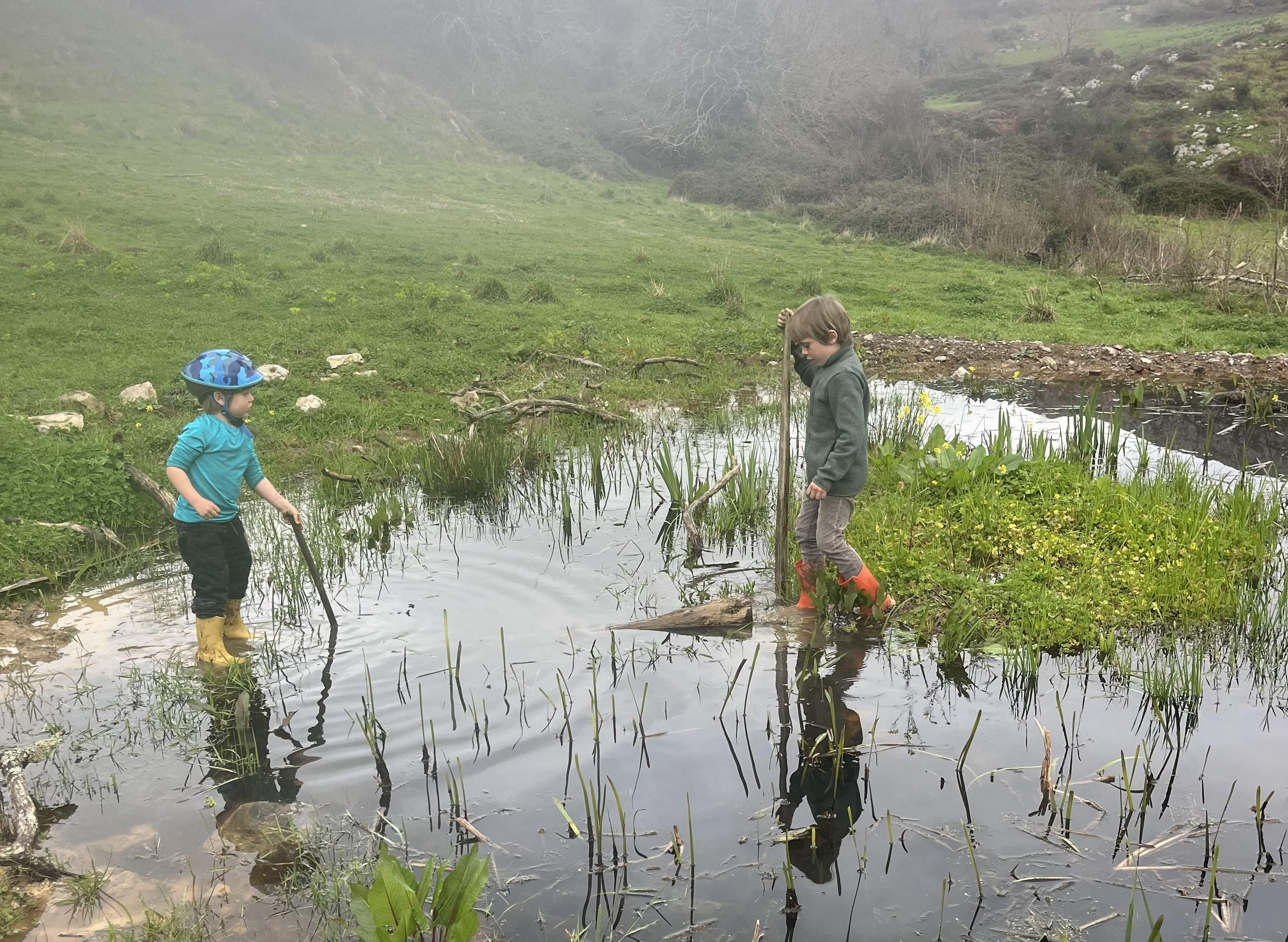 Boys playing in a pond