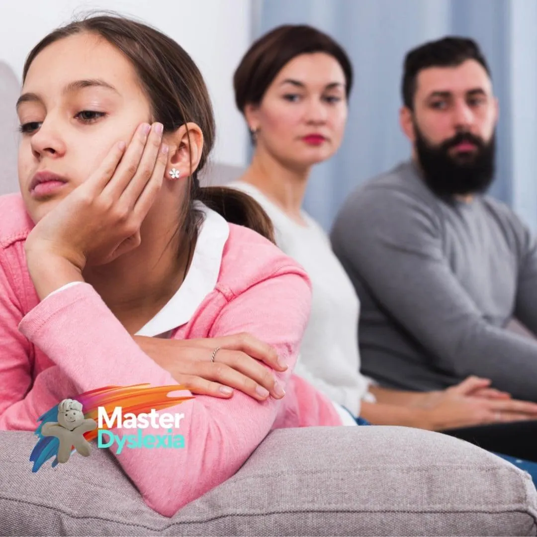 Anxious teen girl and parents