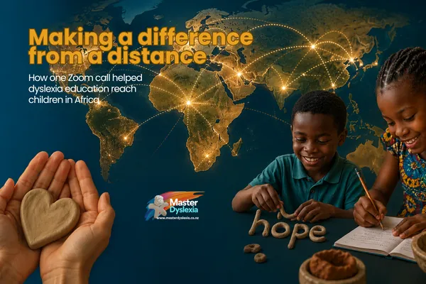 Children in Kenya and Nigeria learning through clay-based dyslexia education inspired by the Davis Dyslexia Method, supported remotely from New Zealand.