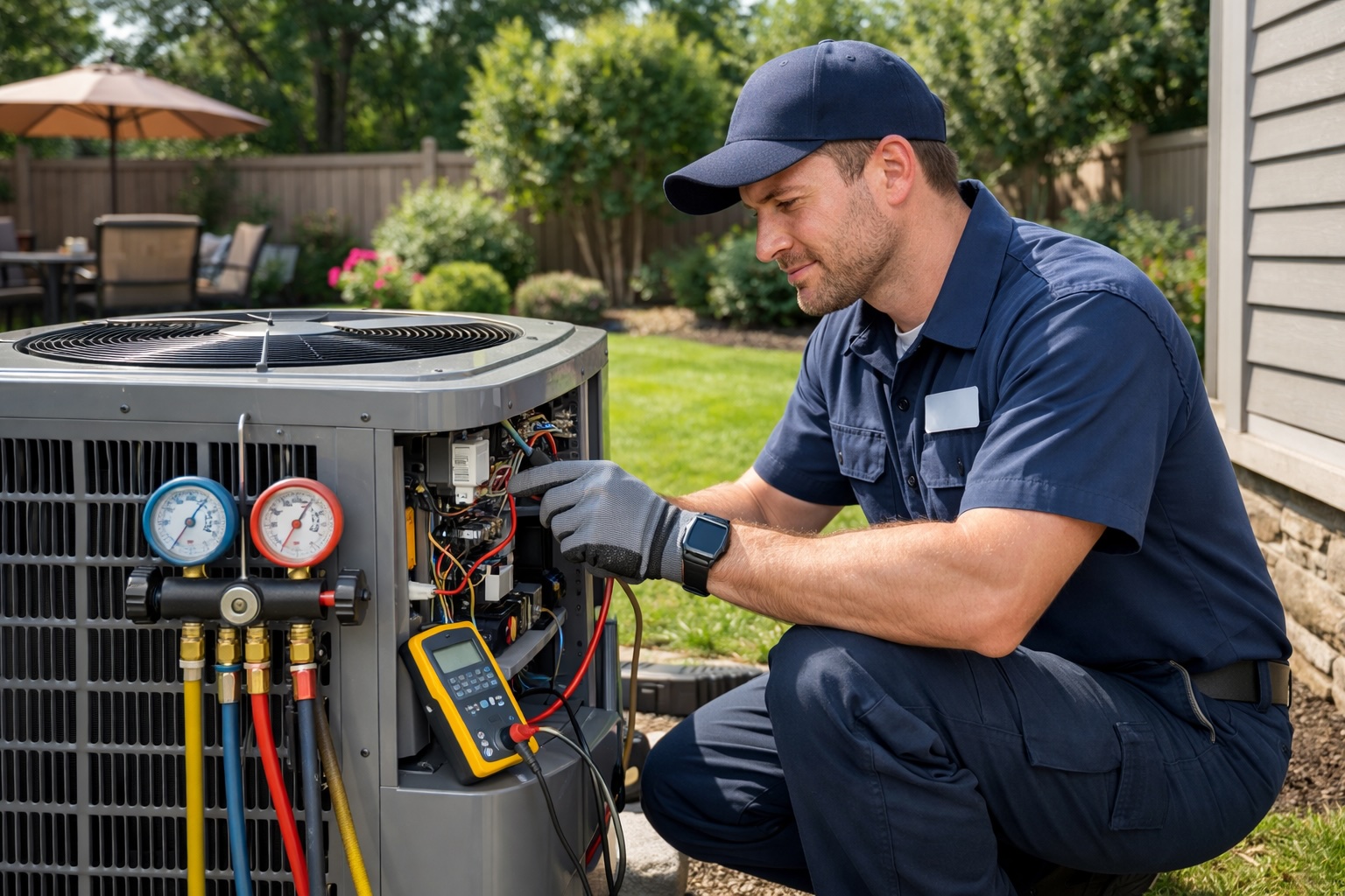 Advantage HPE HVAC technician servicing a residential air conditioning system on the Emerald Coast of Florida.