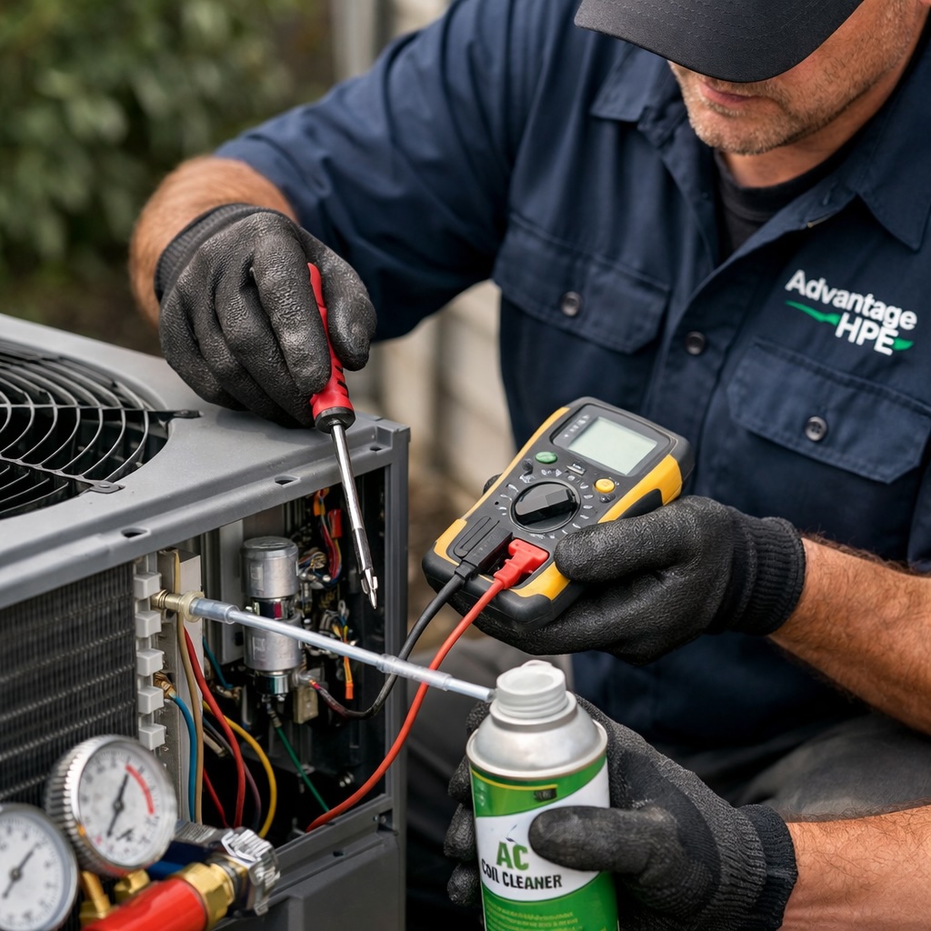 Advantage HVAC, Plumbing, and Electrical technician performing HVAC system maintenance as part of Andy’s Advantage Plan membership.