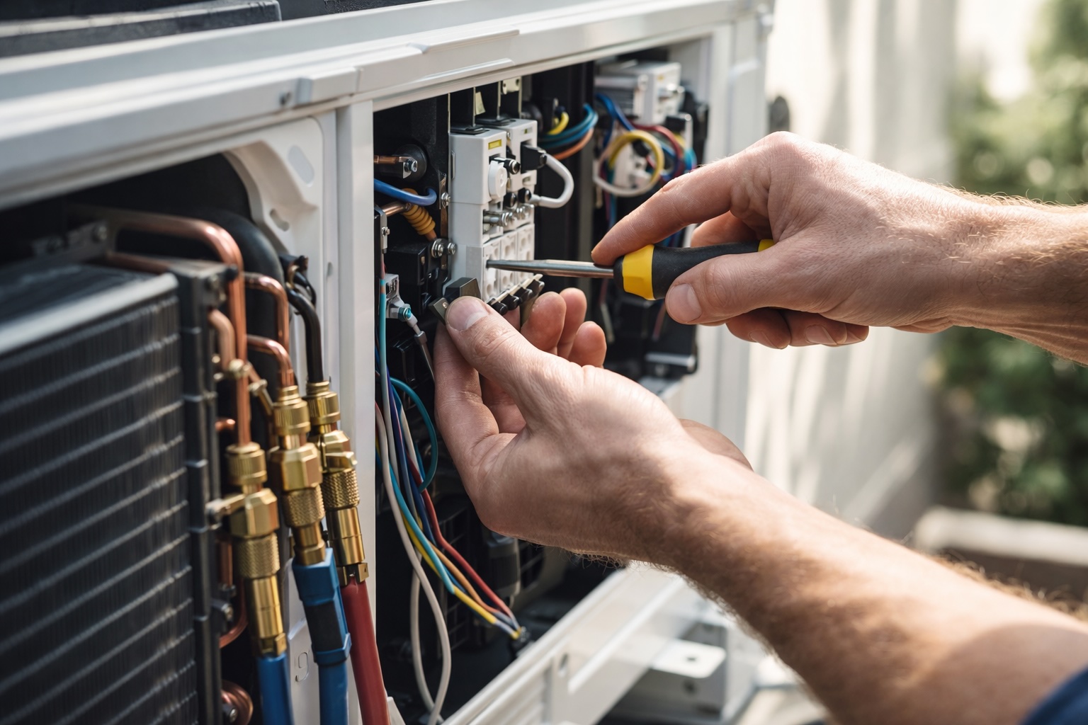 Professional HVAC technician repairing and maintaining a residential heating system.