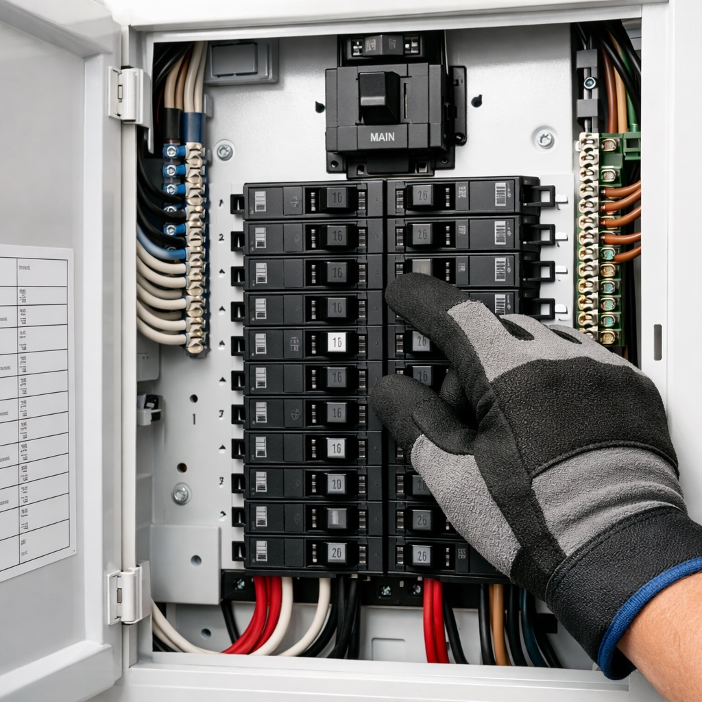 Advantage HPE licensed electrician servicing a residential electrical panel for a homeowner on the Emerald Coast of Florida.