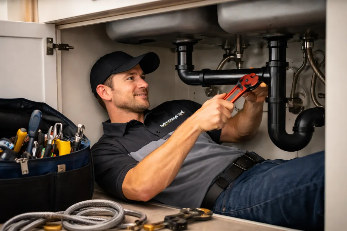 Advantage HPE technician completing residential plumbing repair under a kitchen sink.