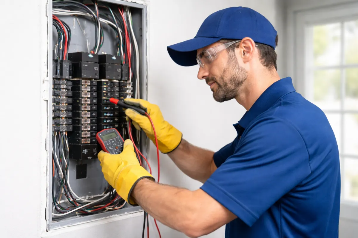 Advantage HPE technician performing electrical panel inspection and testing.