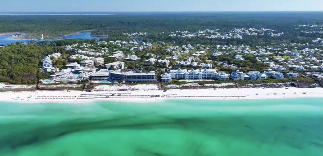 WaterColor Florida beachfront community with luxury homes along the emerald green Gulf waters