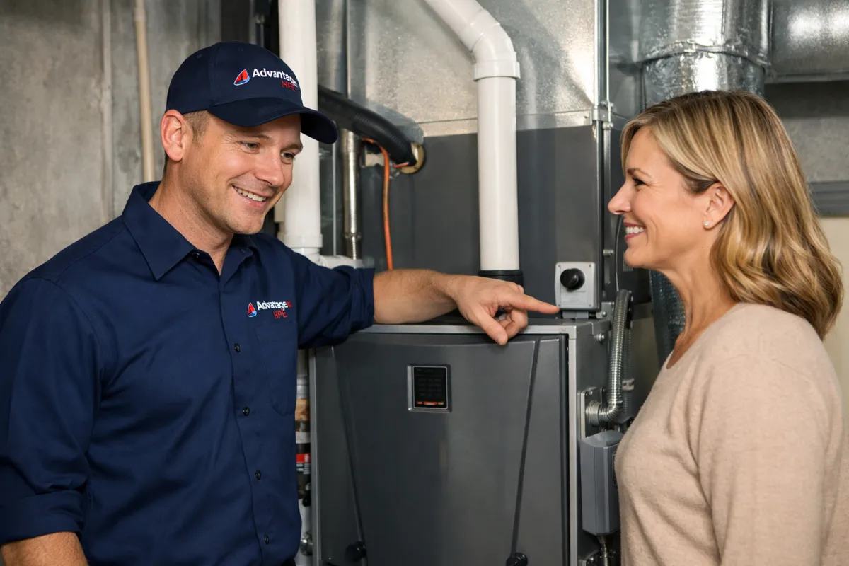Advantage HVAC, Plumbing, and Electrical technician discussing heating system operation with a homeowner during a heating service visit in Destin, Florida