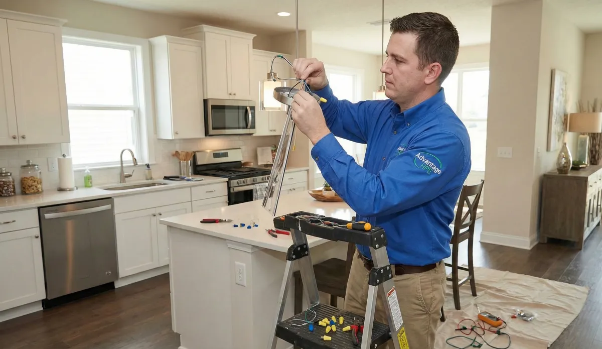 Advantage HVAC, Plumbing, and Electrical electrician installing a new light fixture in a Walton County, FL home