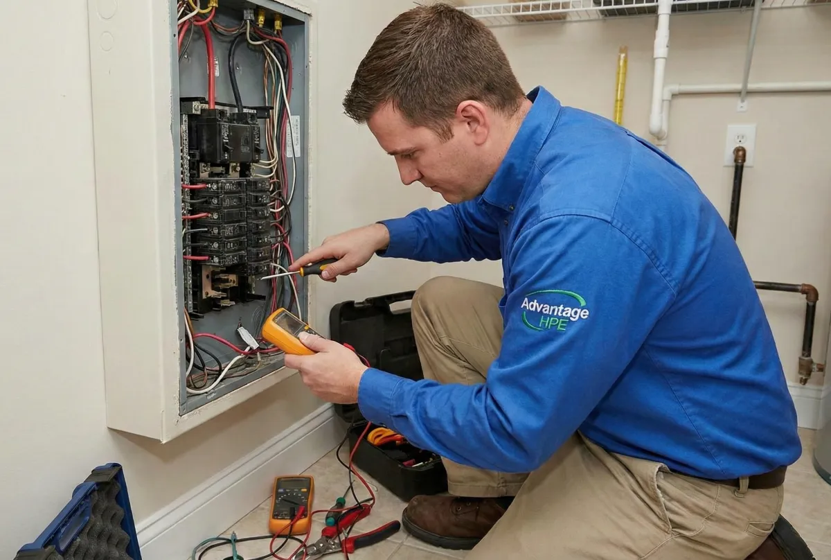 Advantage HPE electrician inspecting and servicing a residential electrical panel