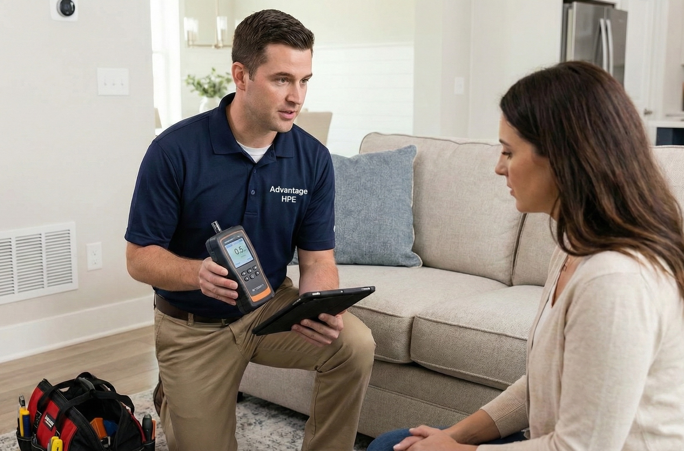 Advantage HVAC, Plumbing, and Electrical technician performing a professional indoor air quality assessment using testing equipment in a residential home.