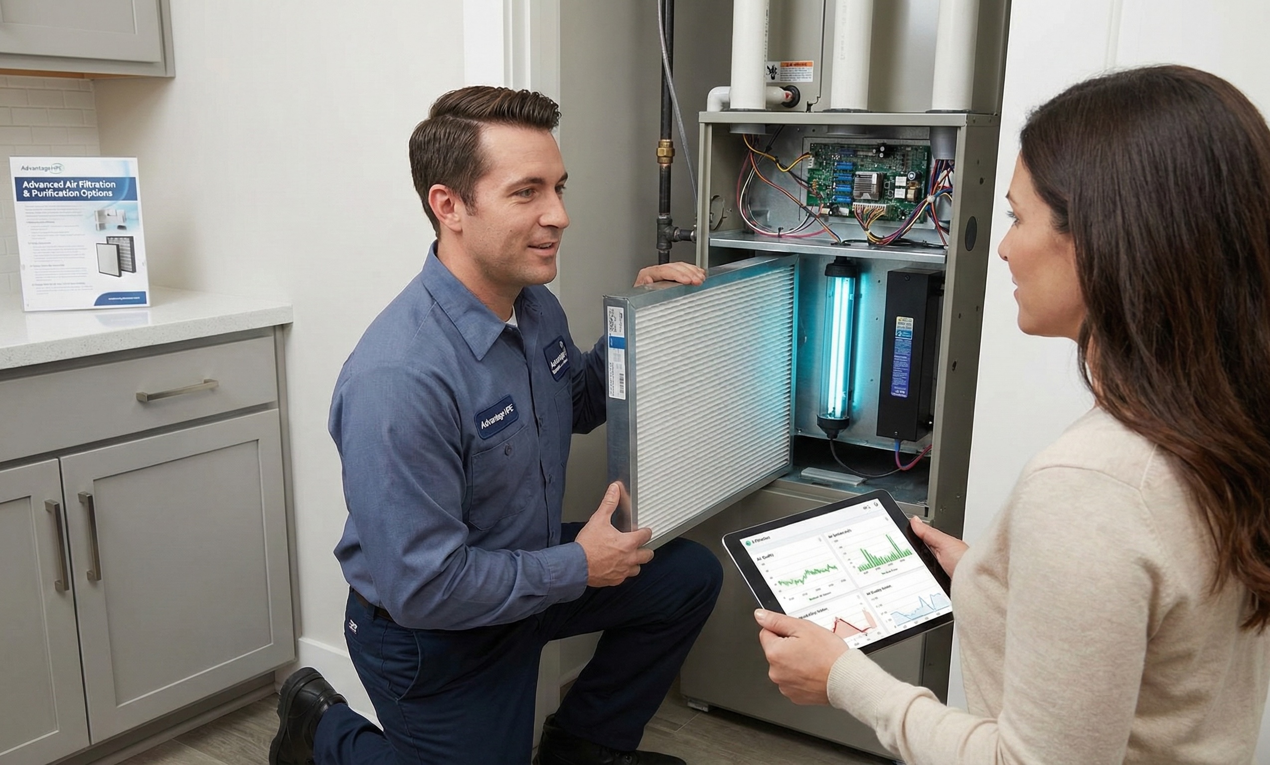 Advantage HVAC, Plumbing, and Electrical technician explaining an air filtration system upgrade as part of a professional indoor air quality service.