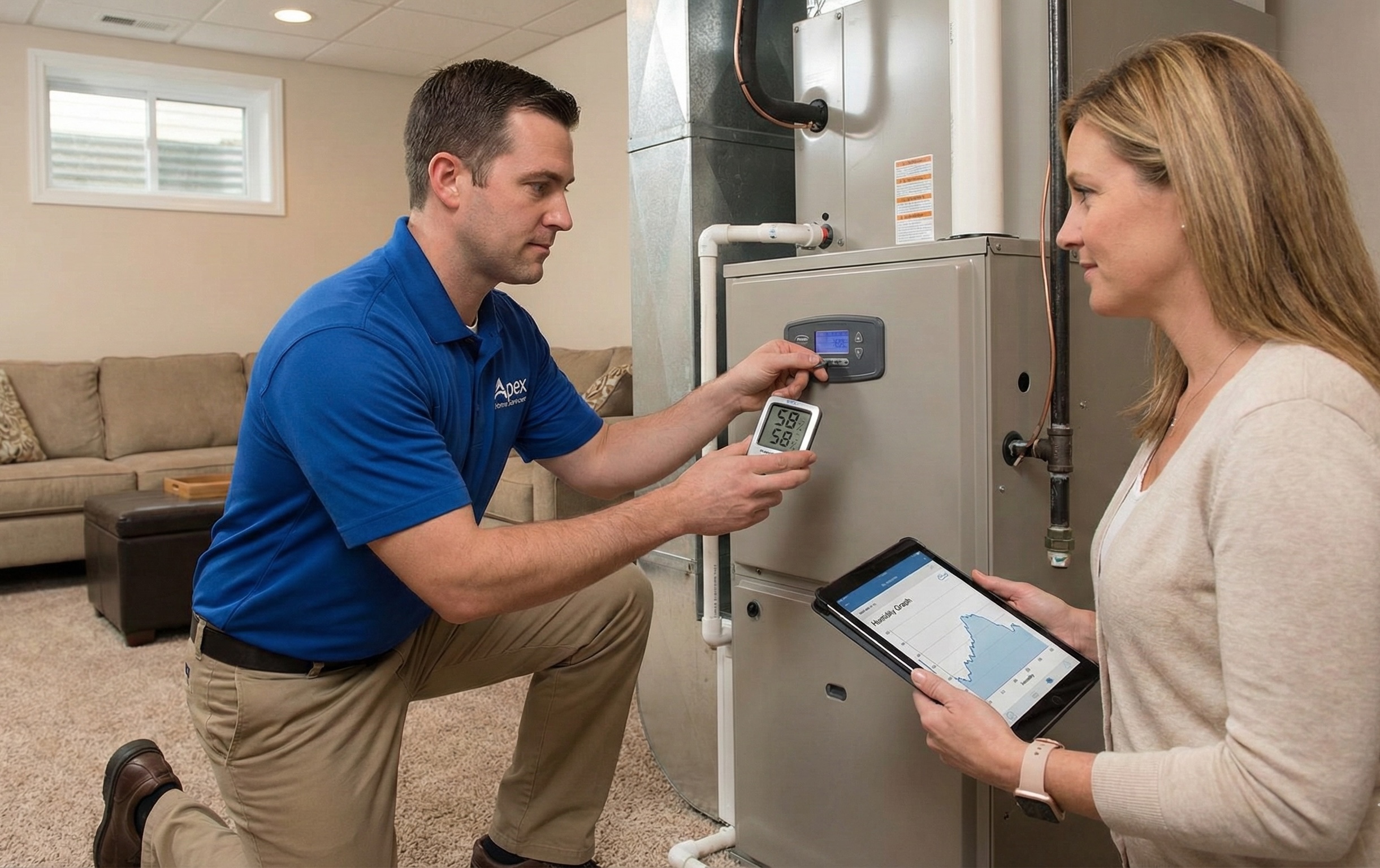Advantage HVAC, Plumbing, and Electrical technician discussing whole-home humidity control solutions with a homeowner during an indoor air quality consultation.