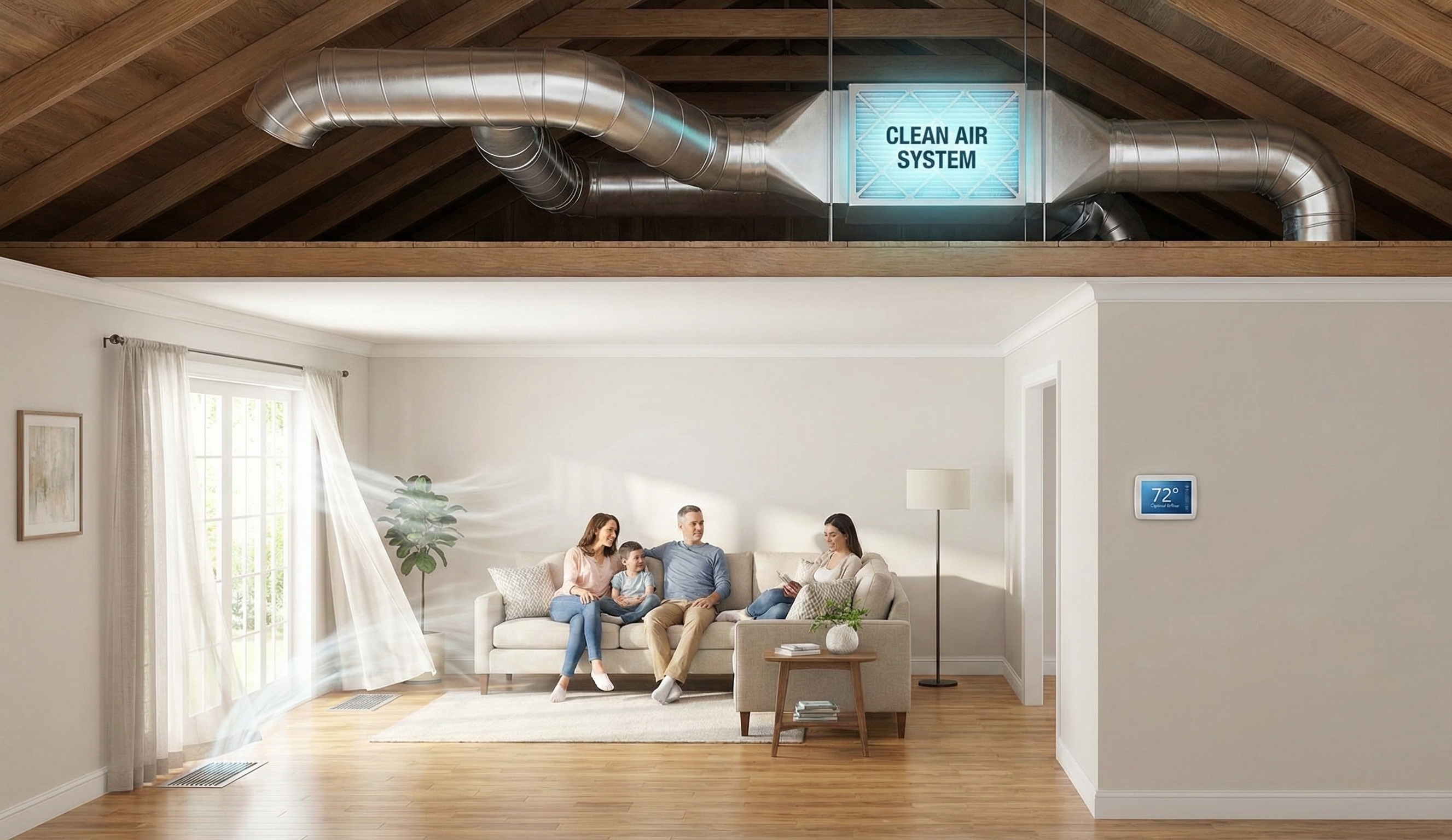 Clean, well-maintained ductwork distributing filtered air efficiently throughout a comfortable residential living space.