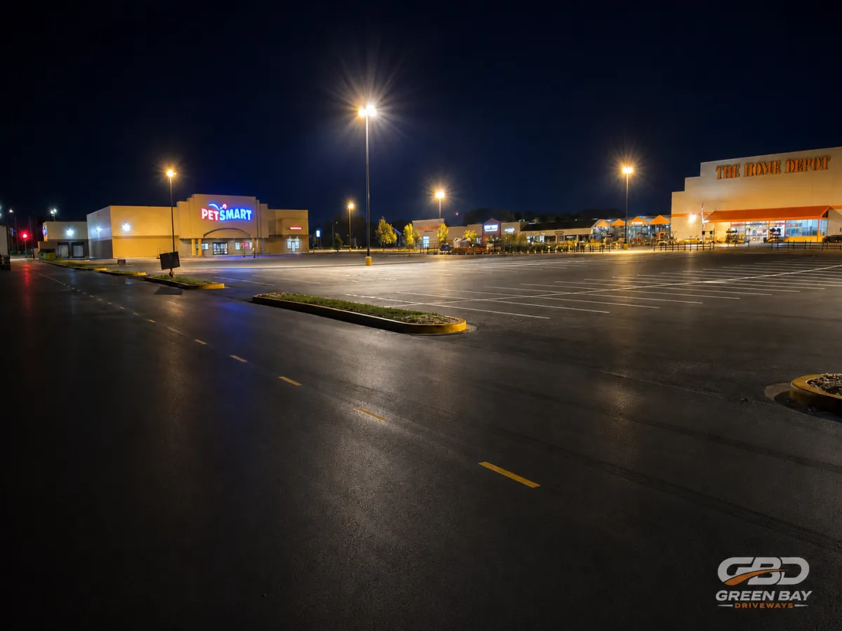 Completed commercial paving project with fresh asphalt, striping, and sealing