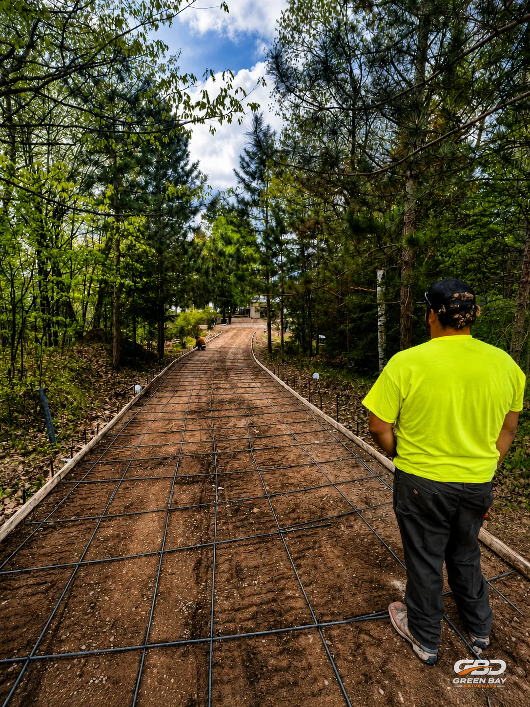 Construction crew setting wooden forms for new concrete driveway installation