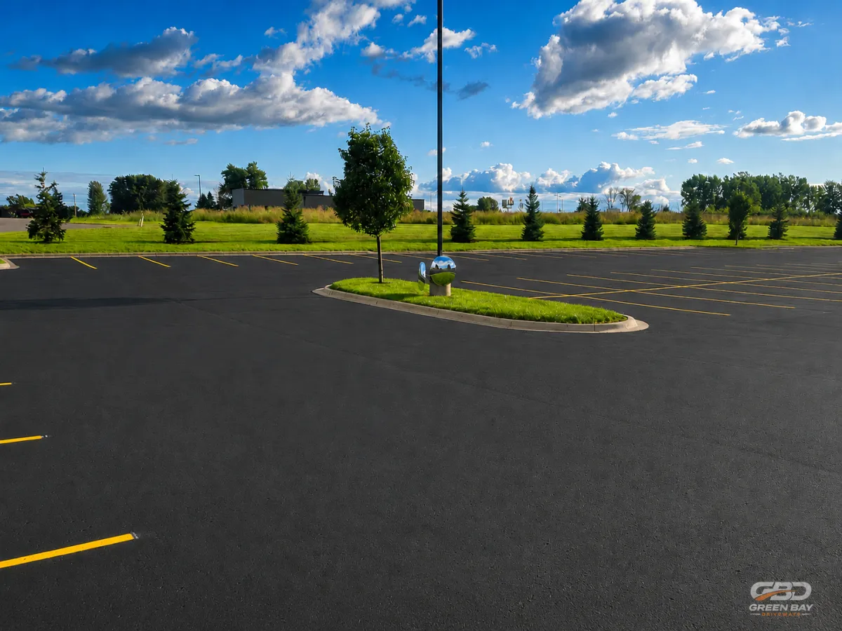 Commercial parking lot and driveway area freshly sealcoated and restored