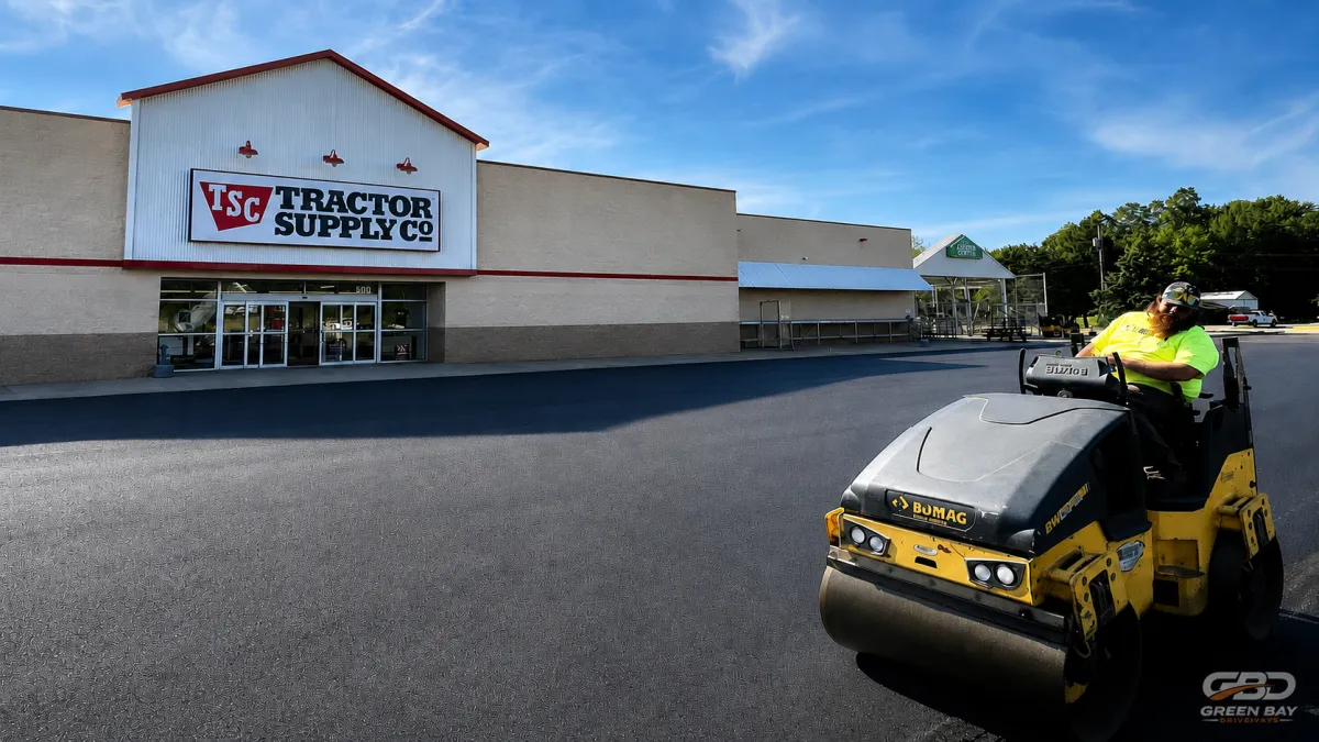 Worker repaving large commercial parking lot with asphalt equipment