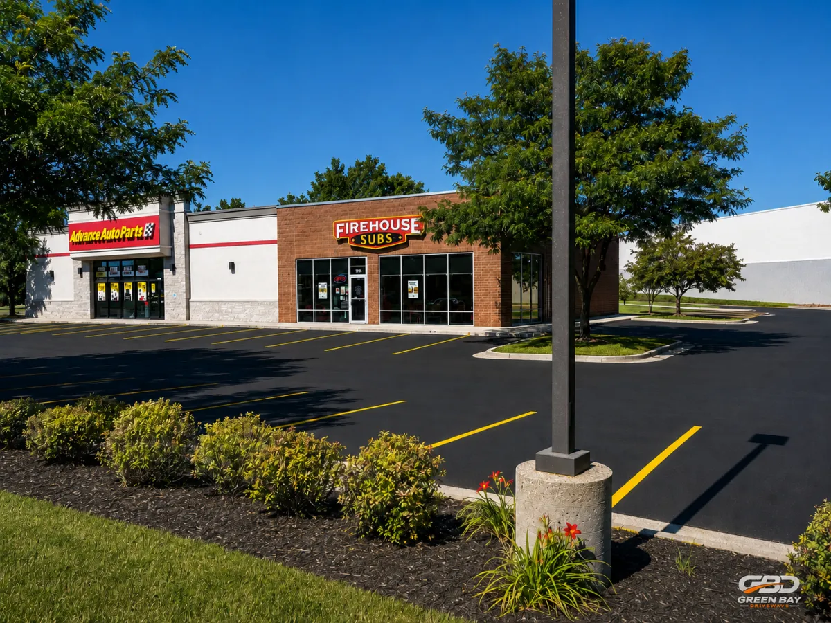 Strip mall parking lot with freshly paved asphalt and new line striping