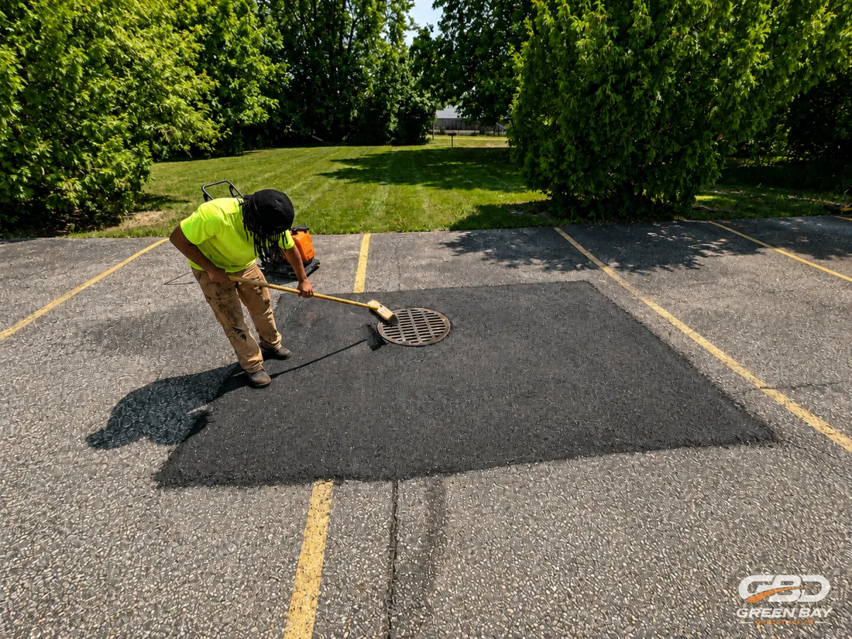 Worker repairing and resetting a sunken sewer grate in asphalt roadway