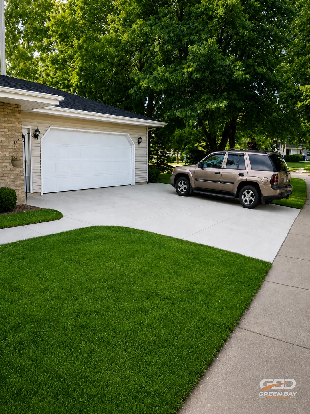 Car parked on a newly installed concrete driveway with smooth finish