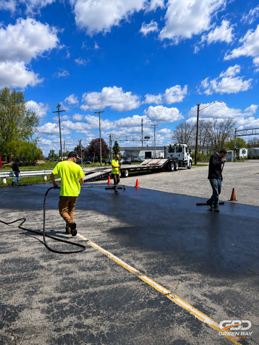 Sealcoating crew applying protective coating to commercial parking lot