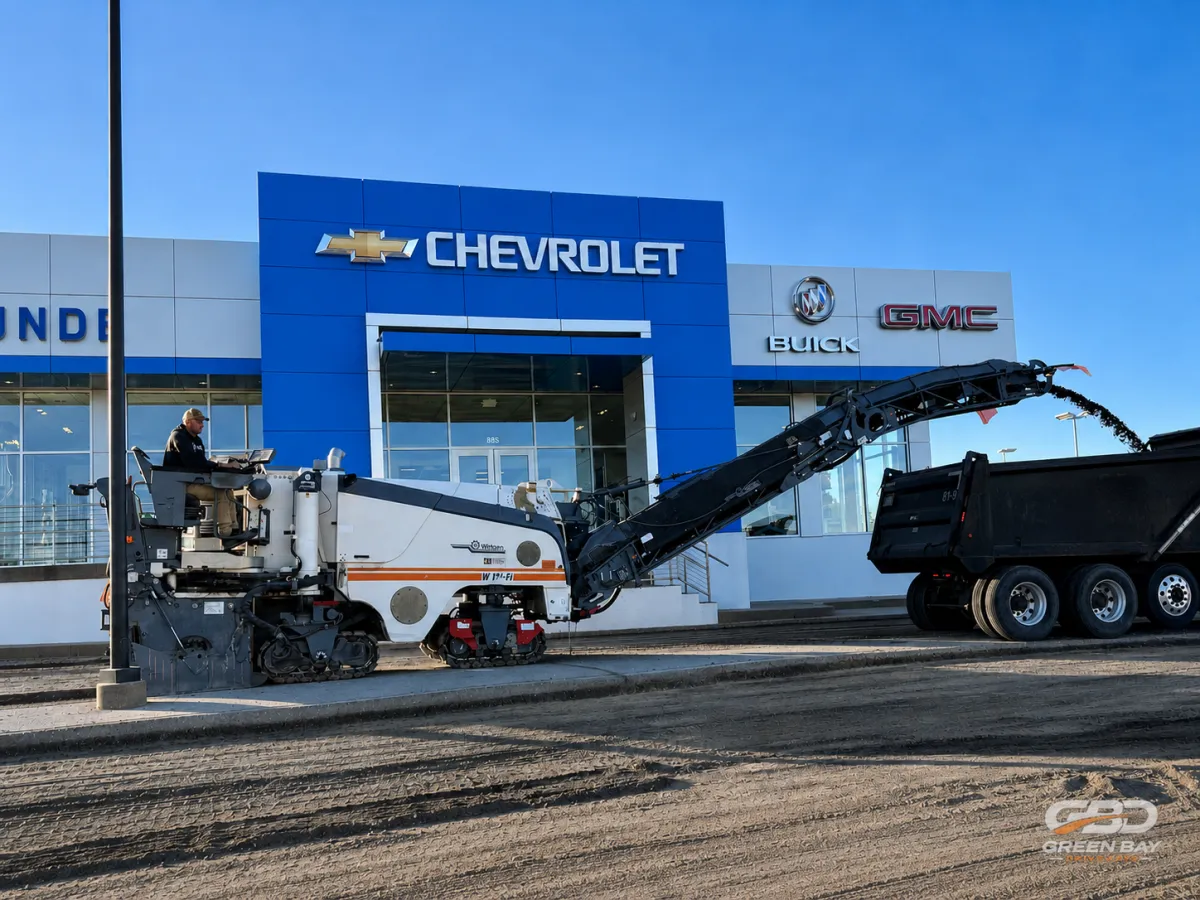 Commercial Chevy dealership parking lot undergoing old concrete removal for replacement