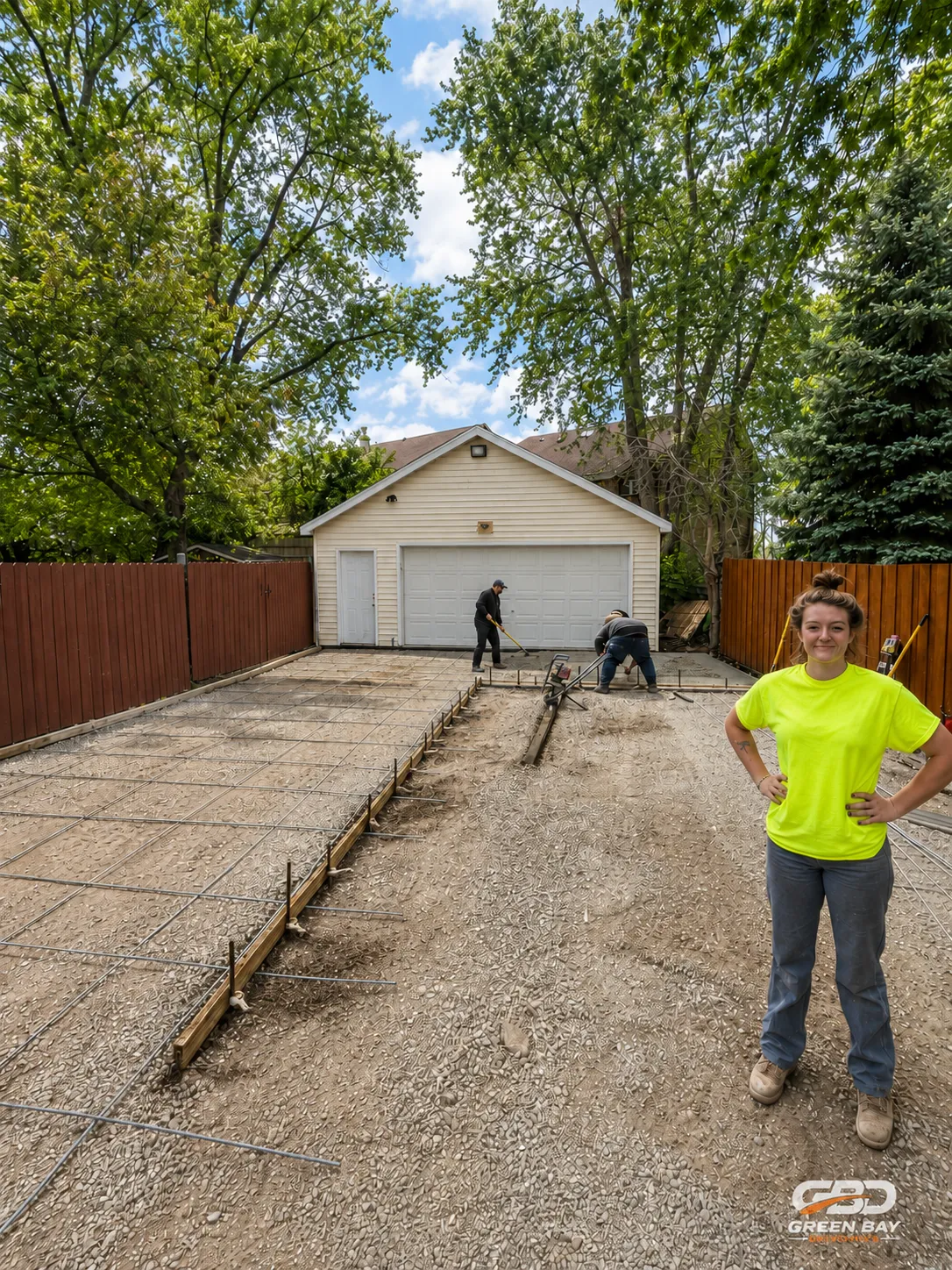 Worker installing steel rebar reinforcement for concrete driveway installation