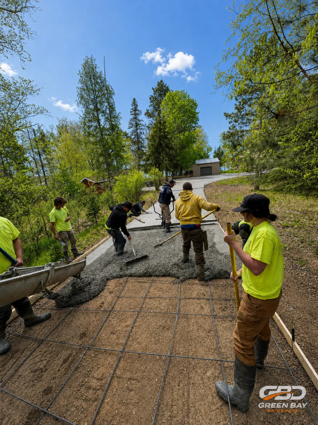Fresh concrete being poured into prepared forms for driveway construction