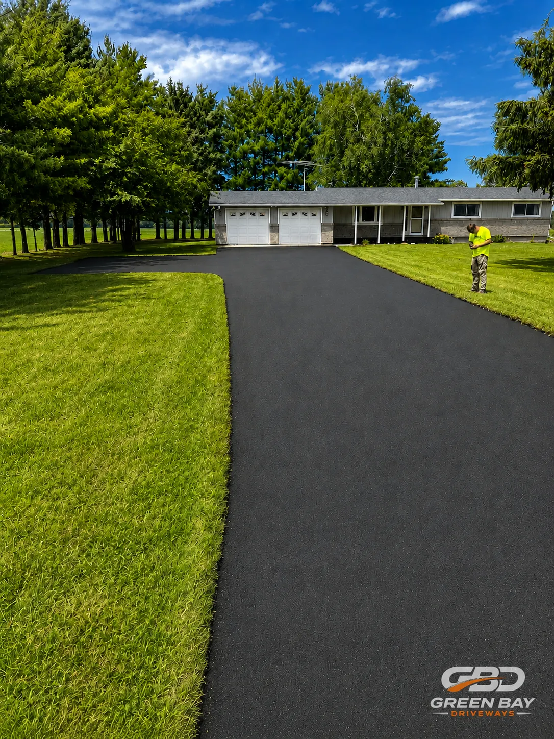 Freshly sealcoated asphalt driveway with dark protective finish