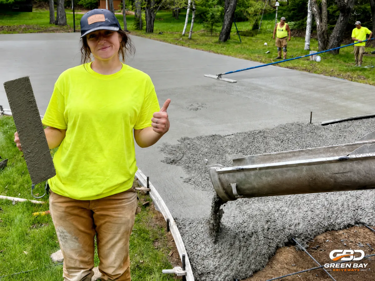Female worker giving thumbs up while using concrete screed as fresh concrete is poured behind her