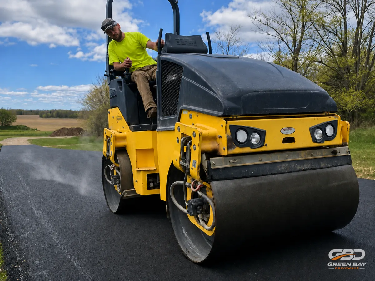 Asphalt crew compacting a fresh blacktop driveway in Green Bay, Wisconsin