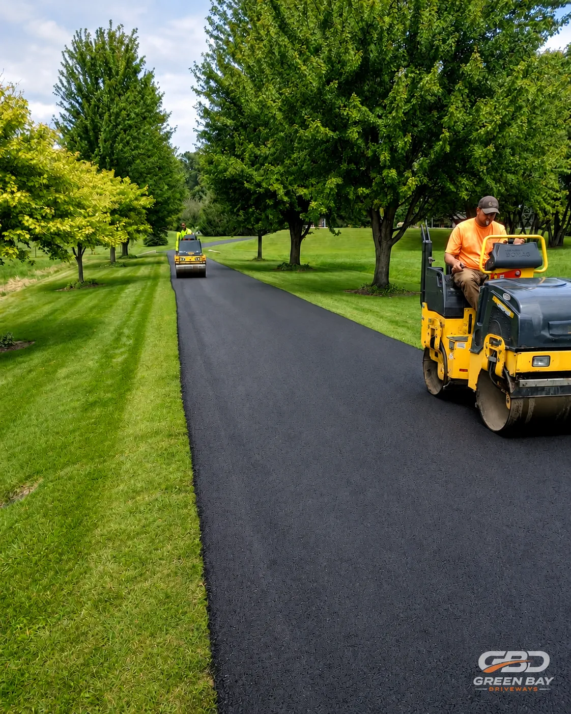 Asphalt paving crew operating roller equipment on newly laid asphalt surface
