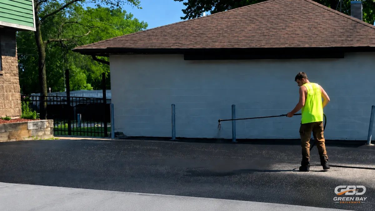Contractor applying protective sealcoat to asphalt driveway surface