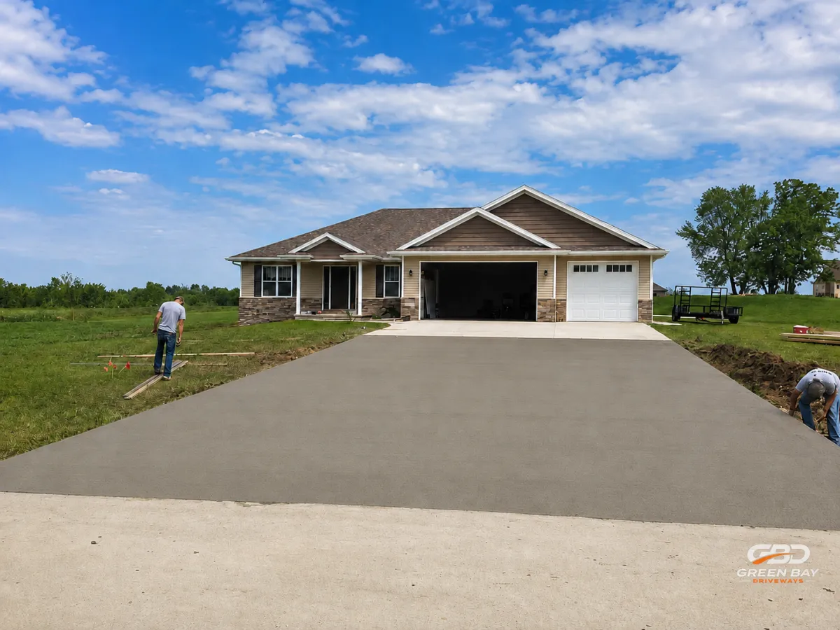 Freshly poured concrete driveway with caution tape in front of a brick home in Green Bay, Wisconsin