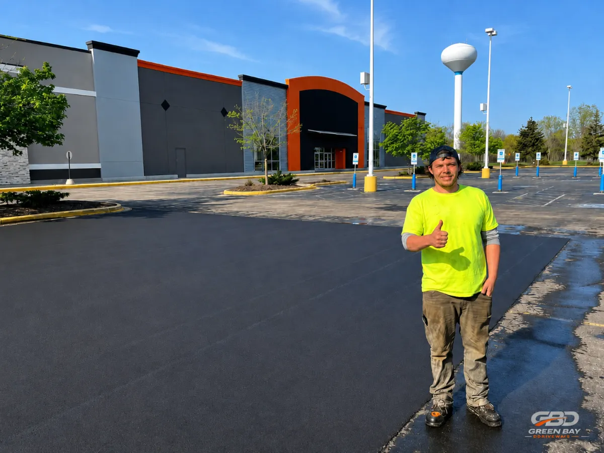 Asphalt worker standing near a freshly repaired asphalt surface on a Green Bay job site