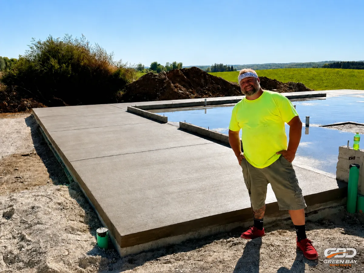 Asphalt worker standing near a freshly repaired asphalt surface on a Green Bay job site