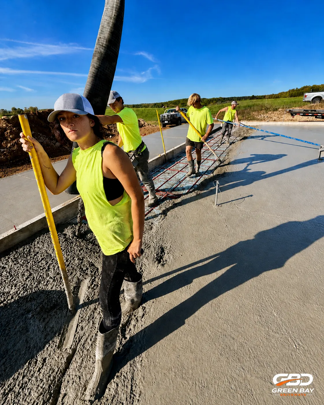 Concrete crew pouring and leveling a new driveway slab for a residential construction project in Green Bay, Wisconsin.