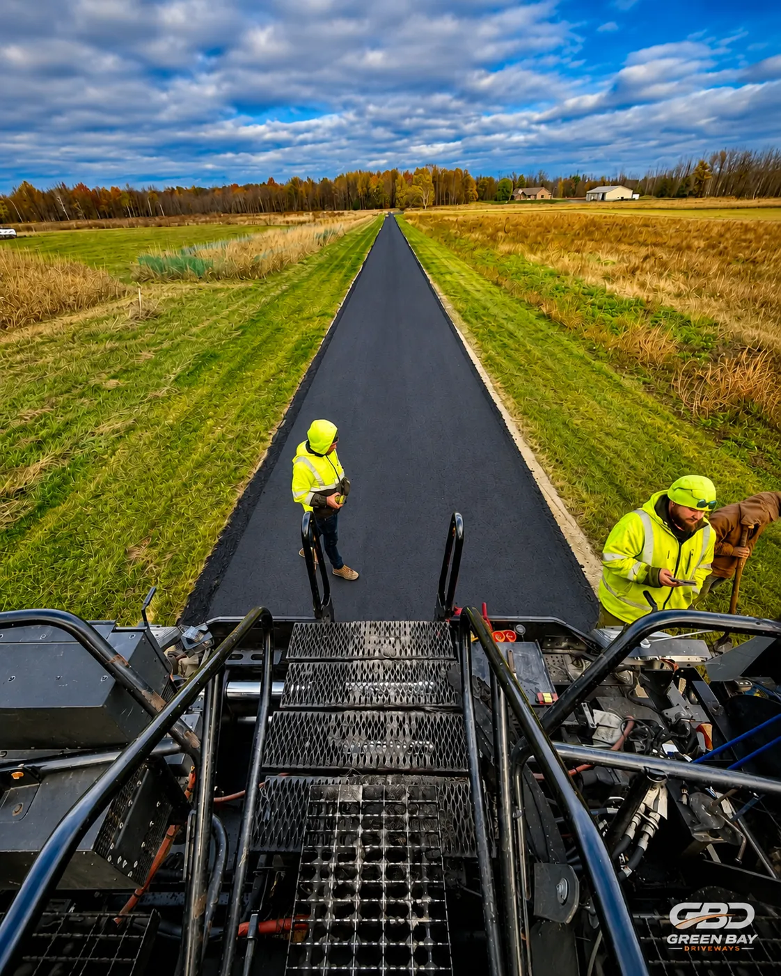 Workers operating paving machine on freshly repaved black asphalt driveway