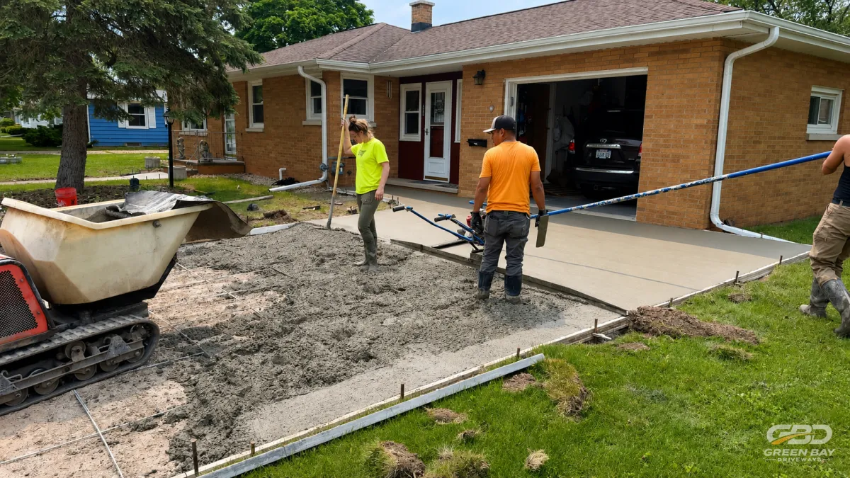 Green Bay Driveways crew installing a new concrete driveway at a brick residential home
