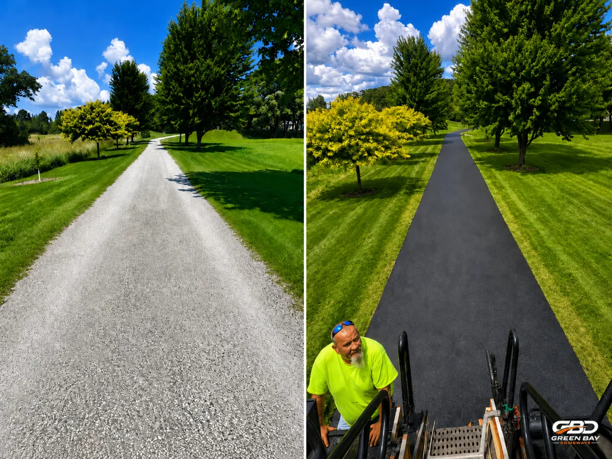 Fresh asphalt driveway before and after showing a smooth new blacktop surface.